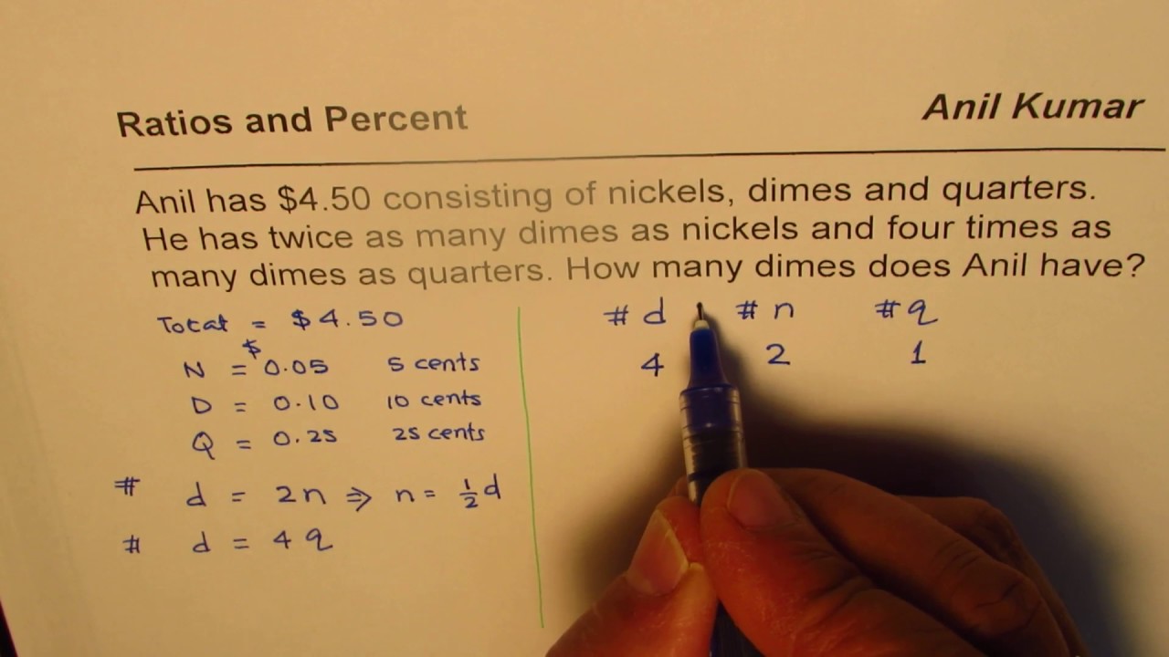 Word Problem with Ratio of Nickels Dimes and Quarters with Money