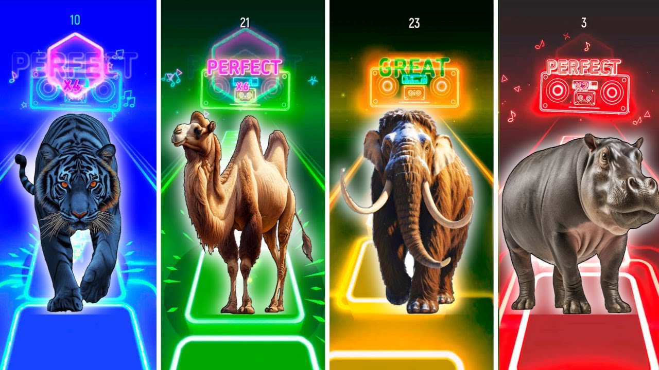 Tiger vs Camel vs Mammoth vs Hippo | Tiles Hop Animal Challenge