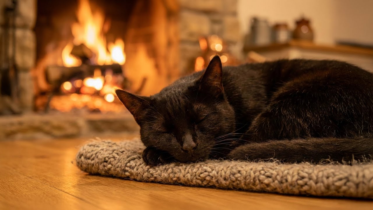 ASMR de Chimenea con Gato Negro 🐈‍⬛🔥 Sonidos Acogedores para Dormir y Relajarse