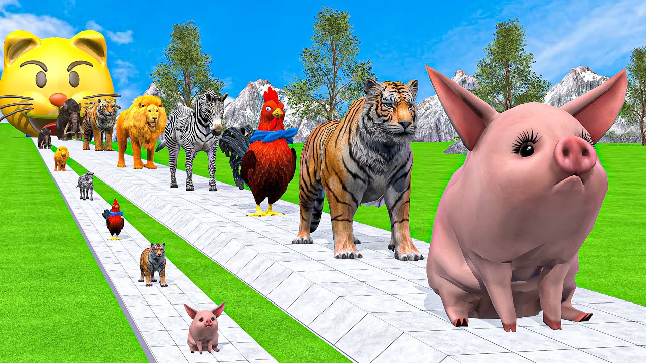 Long Slide Game With Cow Elephant Gorilla Hippopotamus Tiger - 3d Animal Game - Funny 3d Animals