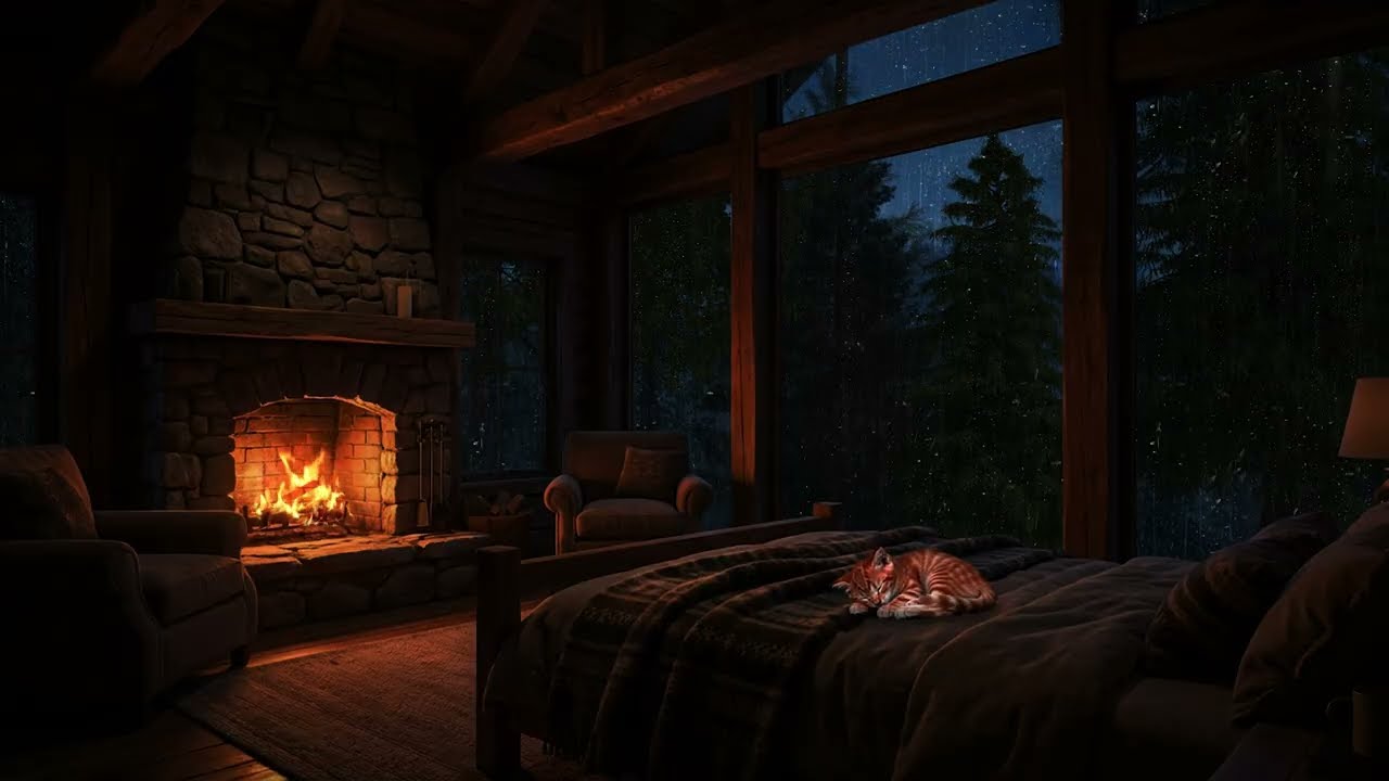 It's Storming Outside, But You Are Safe 🌧️ Cozy Cabin with Fireplace & Purring Cat Ambience