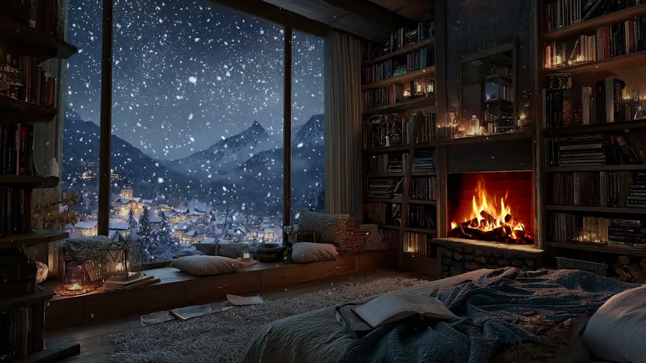 Silent Snowy Cabin Night | Warm Fireplace Crackling and Soft Snow for Deep Rest