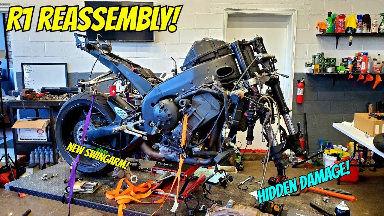 2004 R1 Wrecked Bike REBUILD (Pt. 3 New Swingarm, hidden wheel damage)