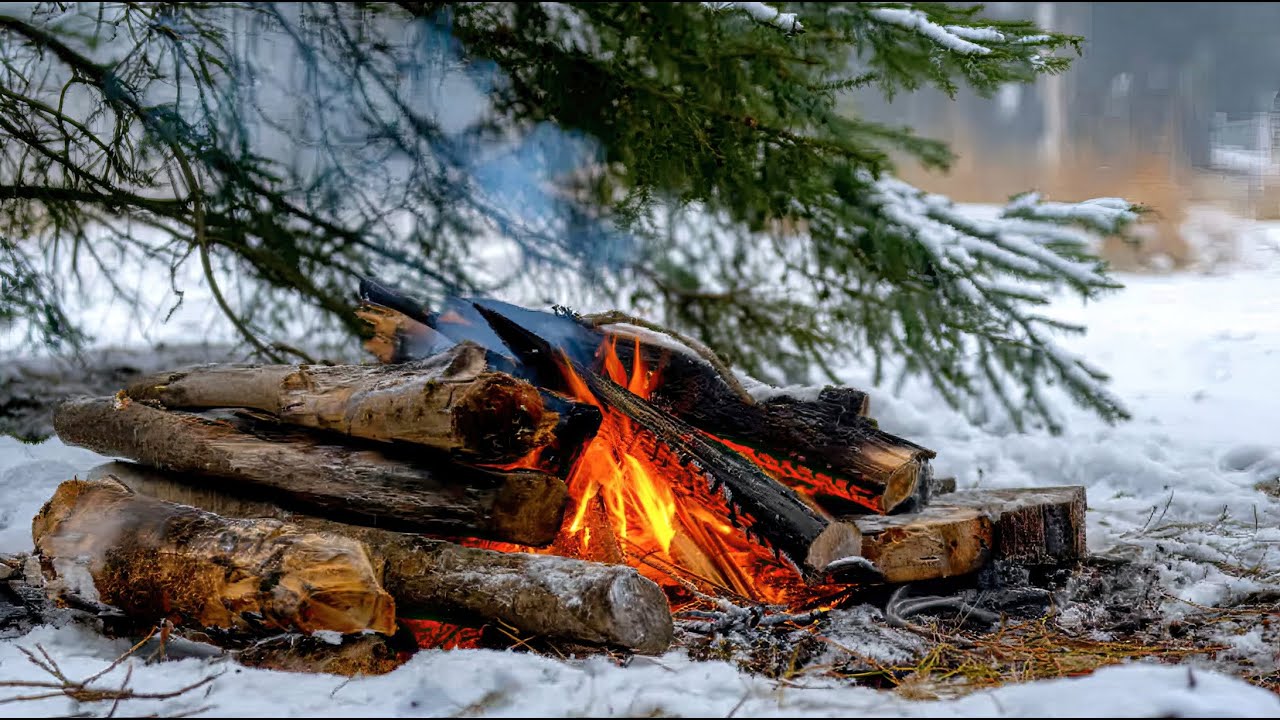 Snowy Campfire Ambience ❄️🔥 Real Crackling Flames for Calm Mind, Sleep & Focus