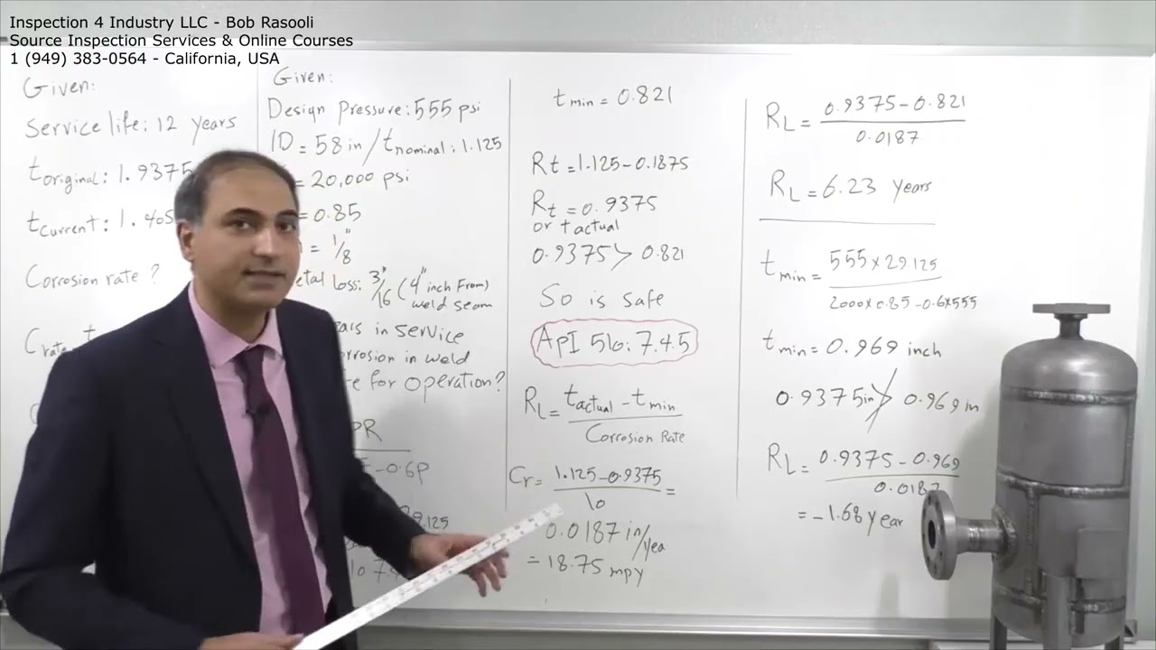 API 510 calculation for Minimum Required thickness and Remaining Life API 510 Exam Question