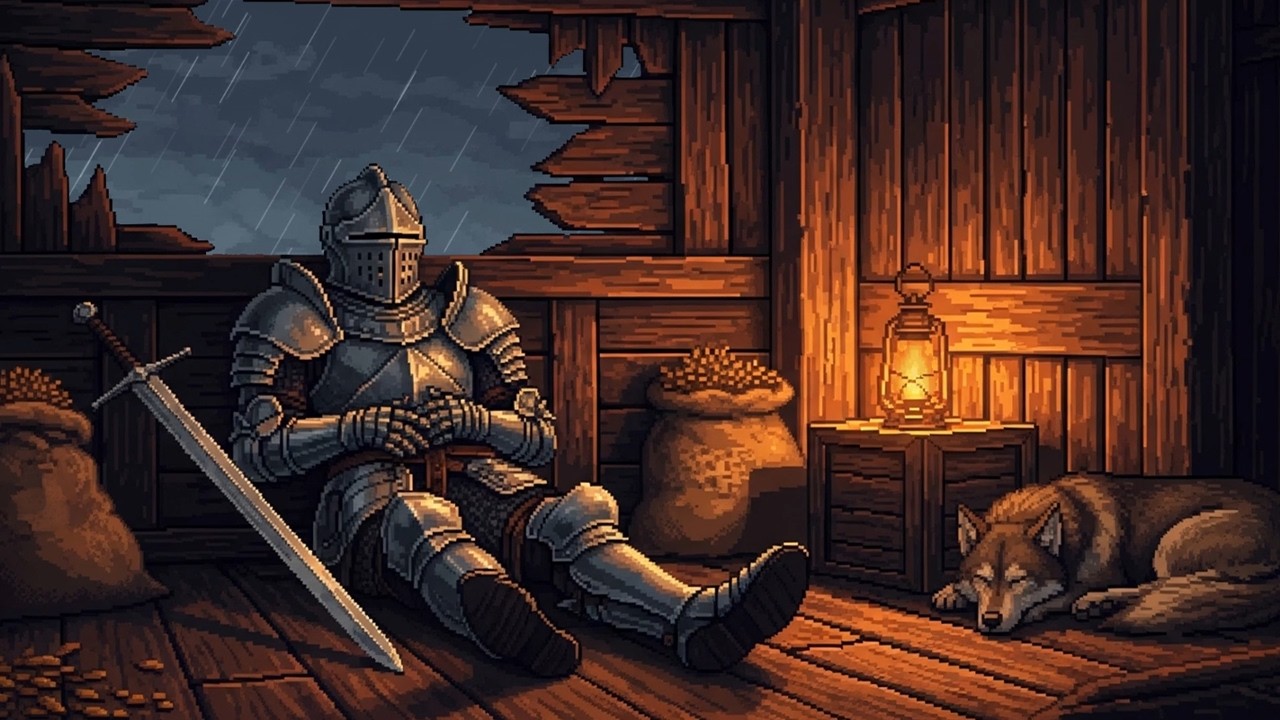 Finally, some rest... the rain falls and the wolf stands guard