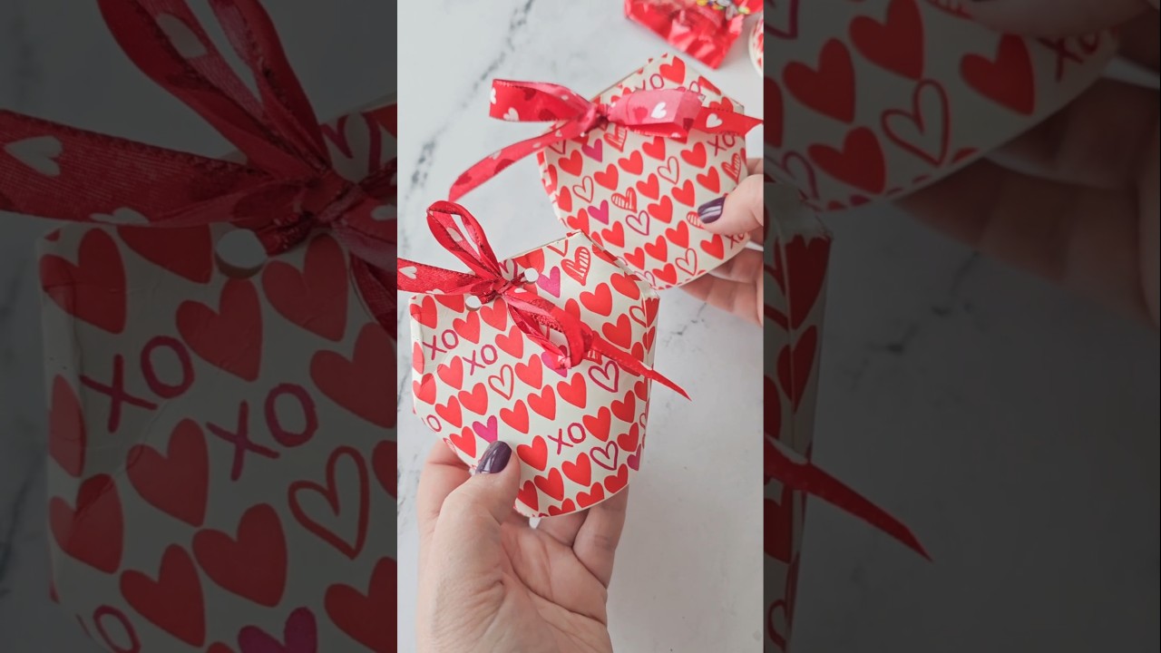 Make cute little valentine containers out of Dollar Tree cups!#dollartreecrafts #valentinesideas