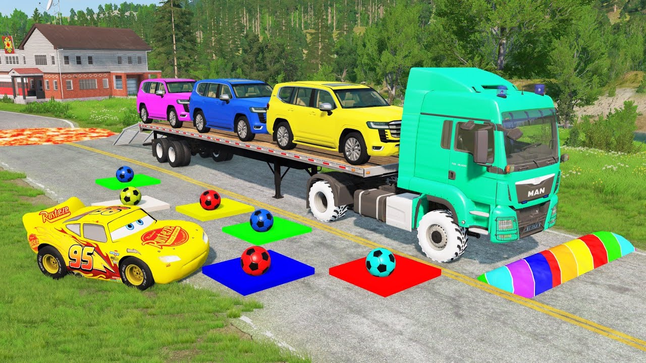 Flatbed Truck McQueen | Transportation with Truck - Pothole vs Car #72 | BeamNG.Drive Gameplay