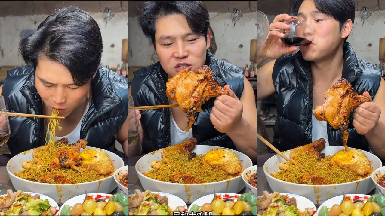 ASMR Eating: Giant Chicken Leg & Spicy Stir-Fried Noodles