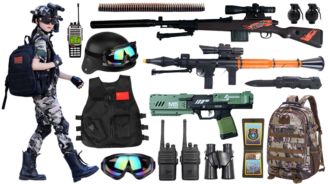 Toy gun unboxing, 98K sniper rifle, rocket launcher, M5 toy pistol, submachine gun, assault rifle