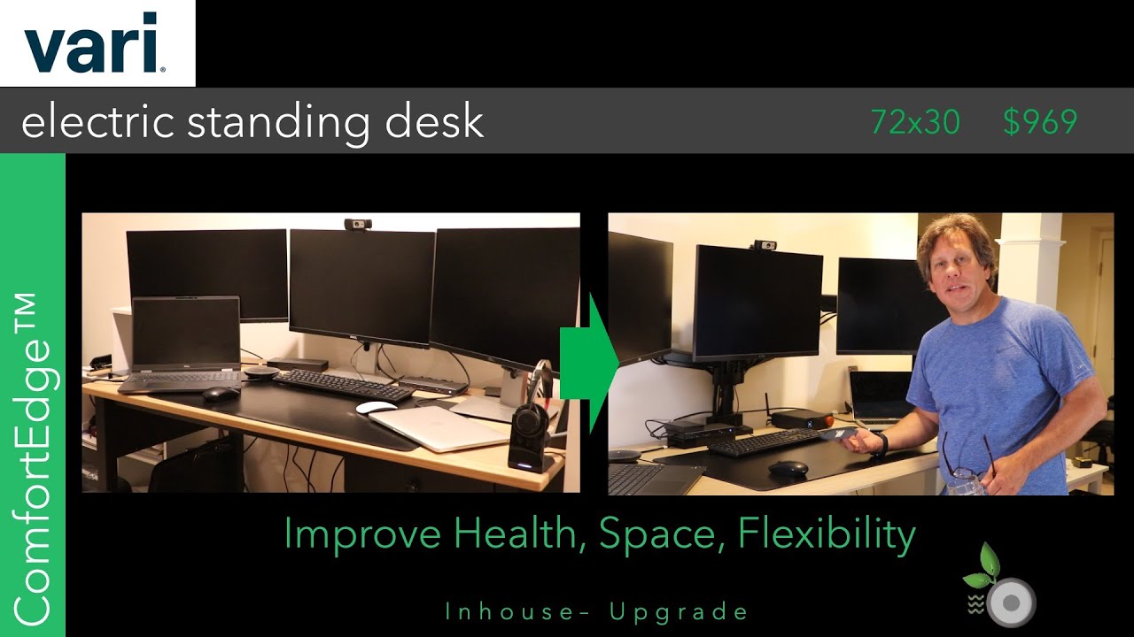Vari Electric Standing Desk for desktop audio 72x30 and triple monitor arm installation