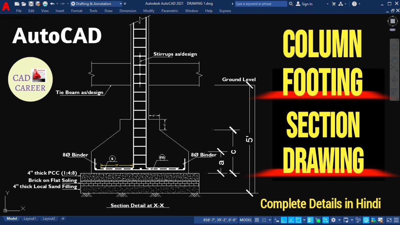 How To Draw Column Footing Section in AutoCAD | Footing Section Drawing | Civil Engineering Drawing