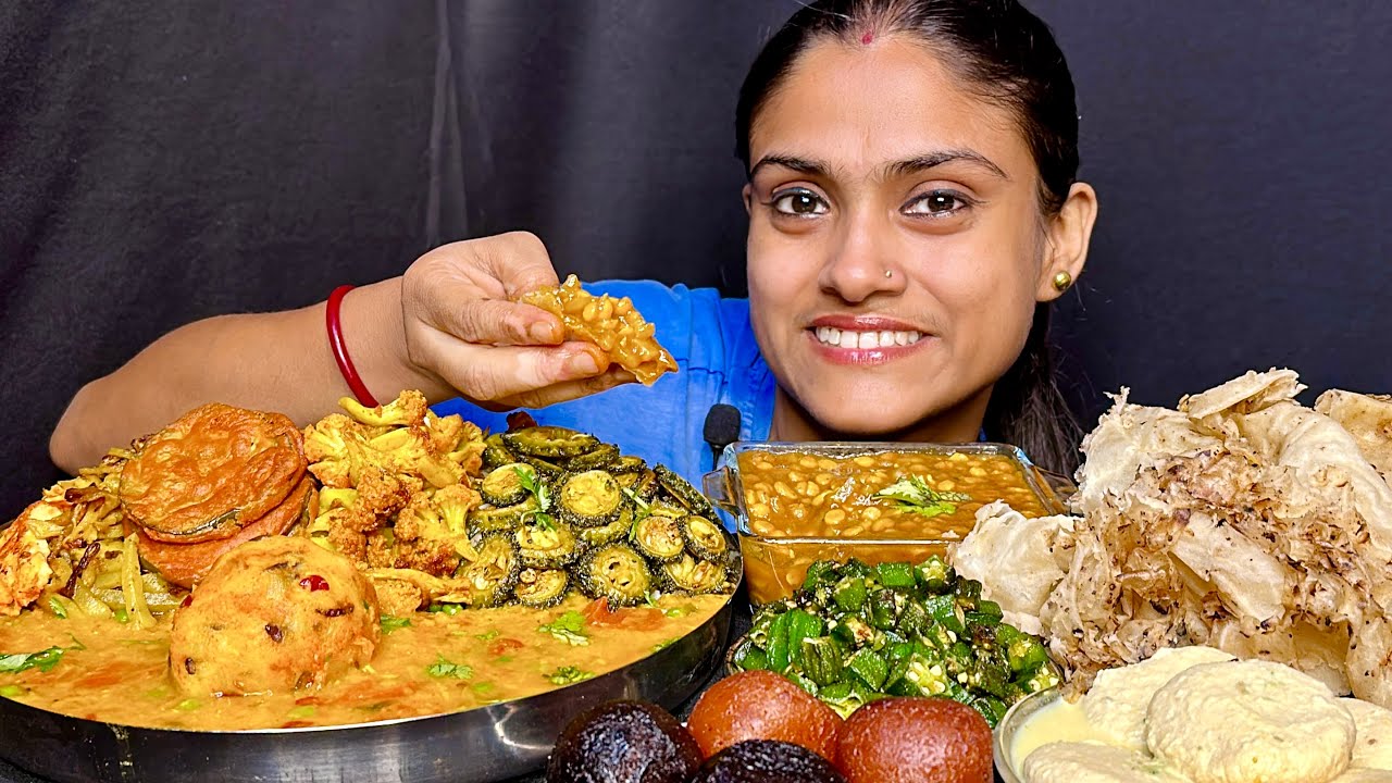 Dal Chawal Aloo Bhorta Karela Fry Gobhi Fry Baingan Pakoda Bhindi Aloo Fry Paratha Rasmalai Eating