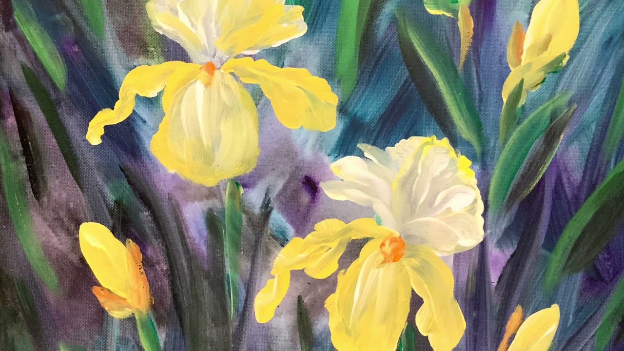 How to paint yellow irises in acrylic paints. Free tutorial demo for beginner artists. DIY artwork.