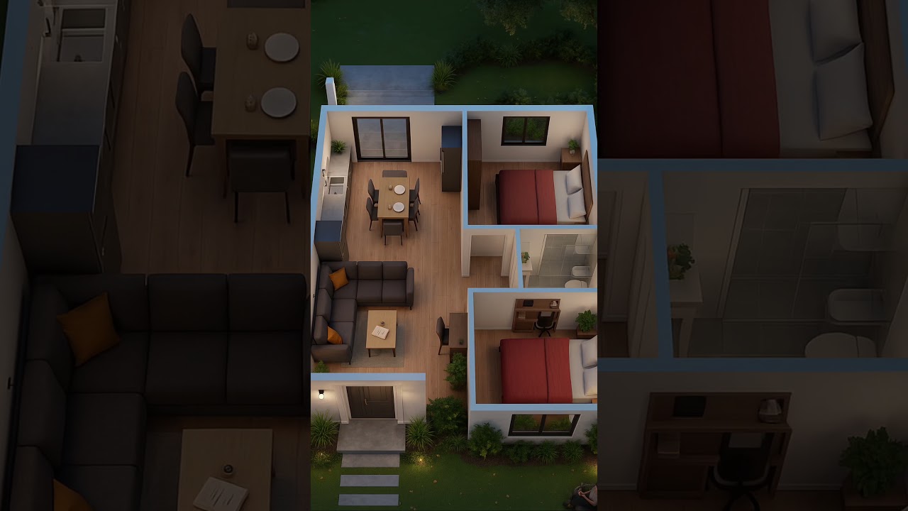 🏡 Modern 3D House Design | 2 Bedroom Small Home with Kitchen, Living & Bath | Realistic Floor Plan 🌿