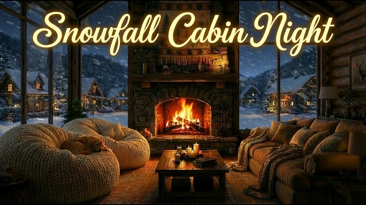 Snowfall Cabin Night ❄️ Warm Fireplace & Quiet Winter Village Night