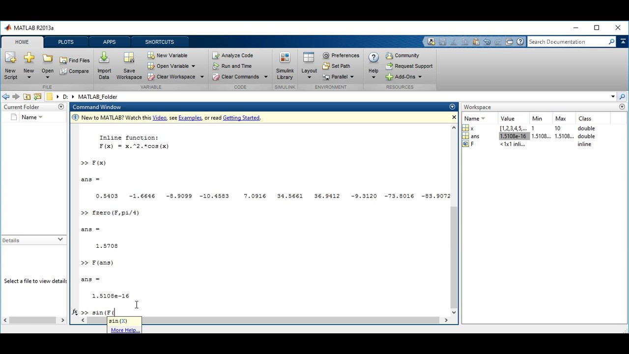 How to write Inline functions in MATLAB