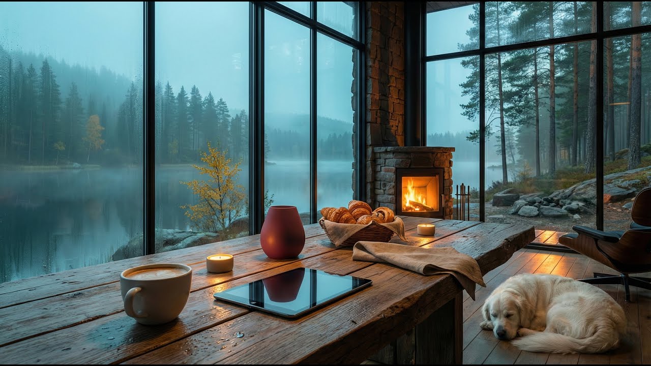 Warm Cabin by the Lake ☕🔥 Cozy Fireplace & Relaxing Jazz