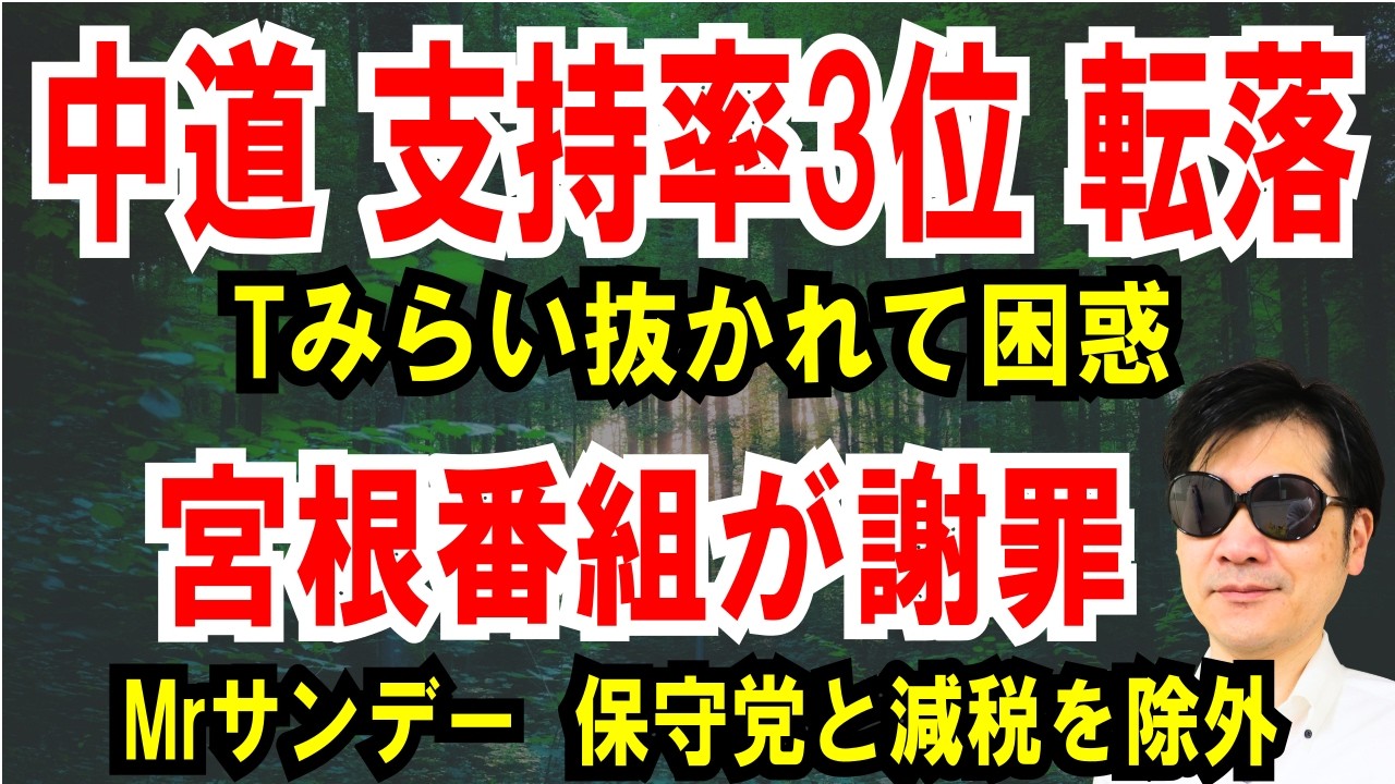 【中道 支持率3位 転落】チームみらい抜かれる始末【宮根の番組が謝罪】Mrサンデー、保守党と減税ゆうこくを除外