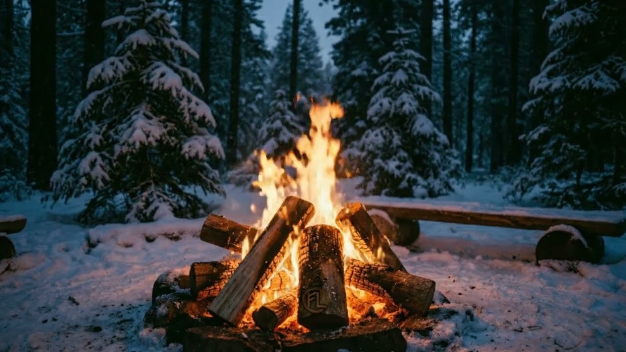 Crackling Campfire in the Snowy Woods | Relaxing Fire & Wind Sounds