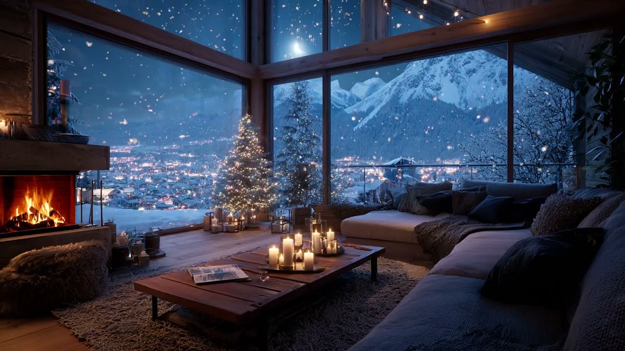Serene Winter Cabin Piano Night Mood | Firelight and Gentle Snow