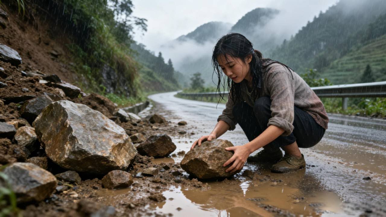 A kind girl cleared large rocks from the road.
