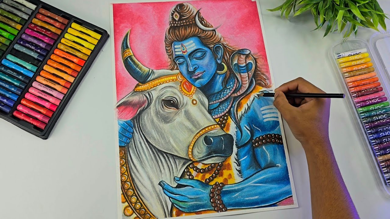 Shiv Ji With Nandi Maharaj Drawing, Step By Step (Oil Pastels Drawing Tutorial) 🔥