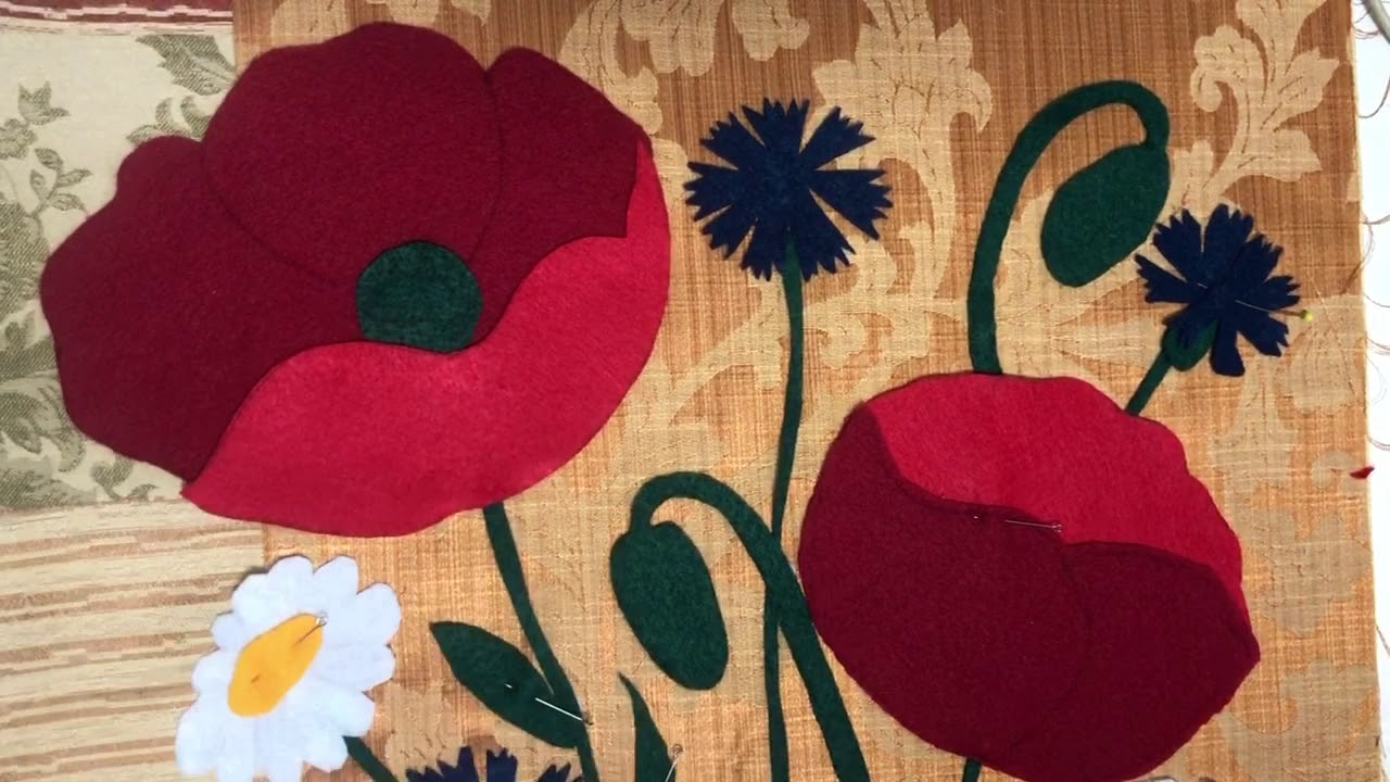 Аппликация из фетра. Маки, ромашки, васильки из фетра. Стежка СХС. Красивая подушка своими руками