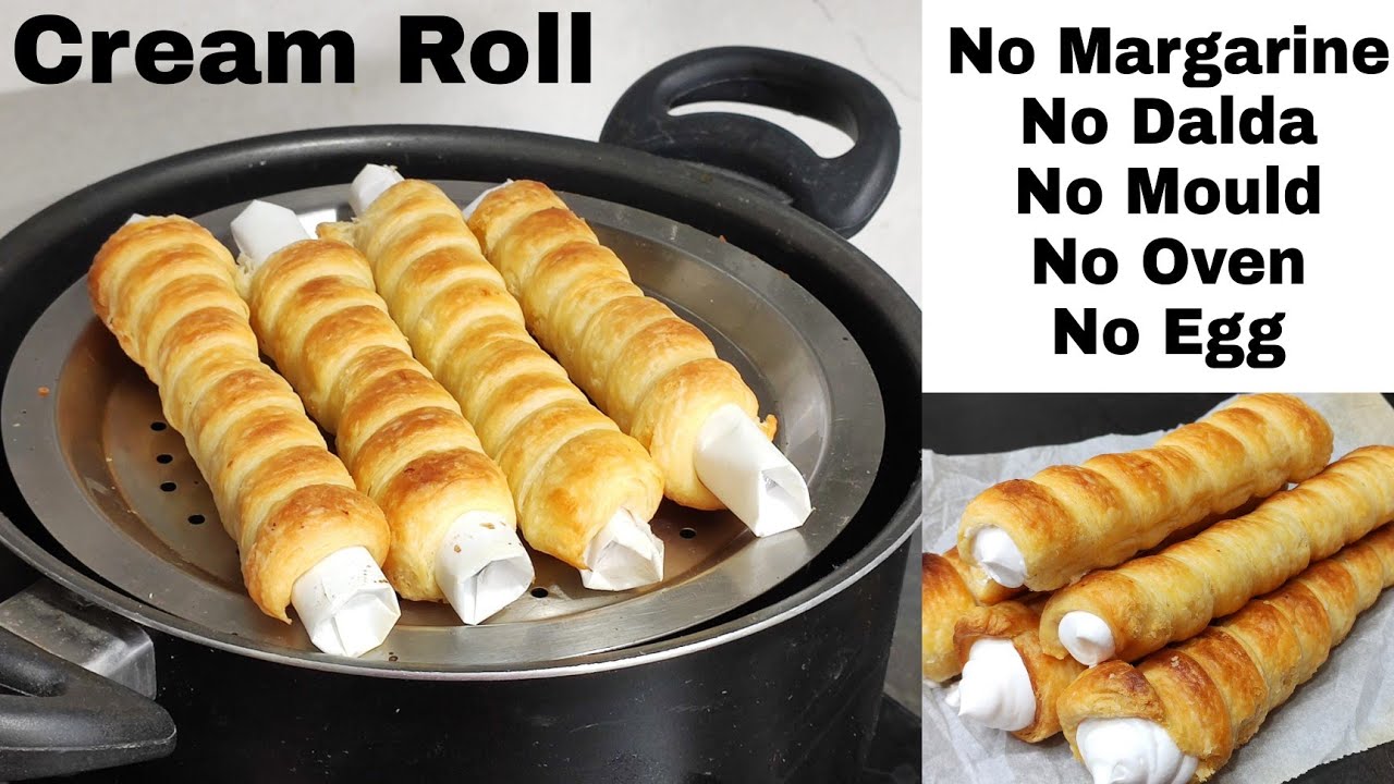 क्रिम रोल बनाए कढ़ाई मे बिना मोल्ड, मार्गरिन, डालडा के | Cream Roll Without Mould, Margarine & Egg |