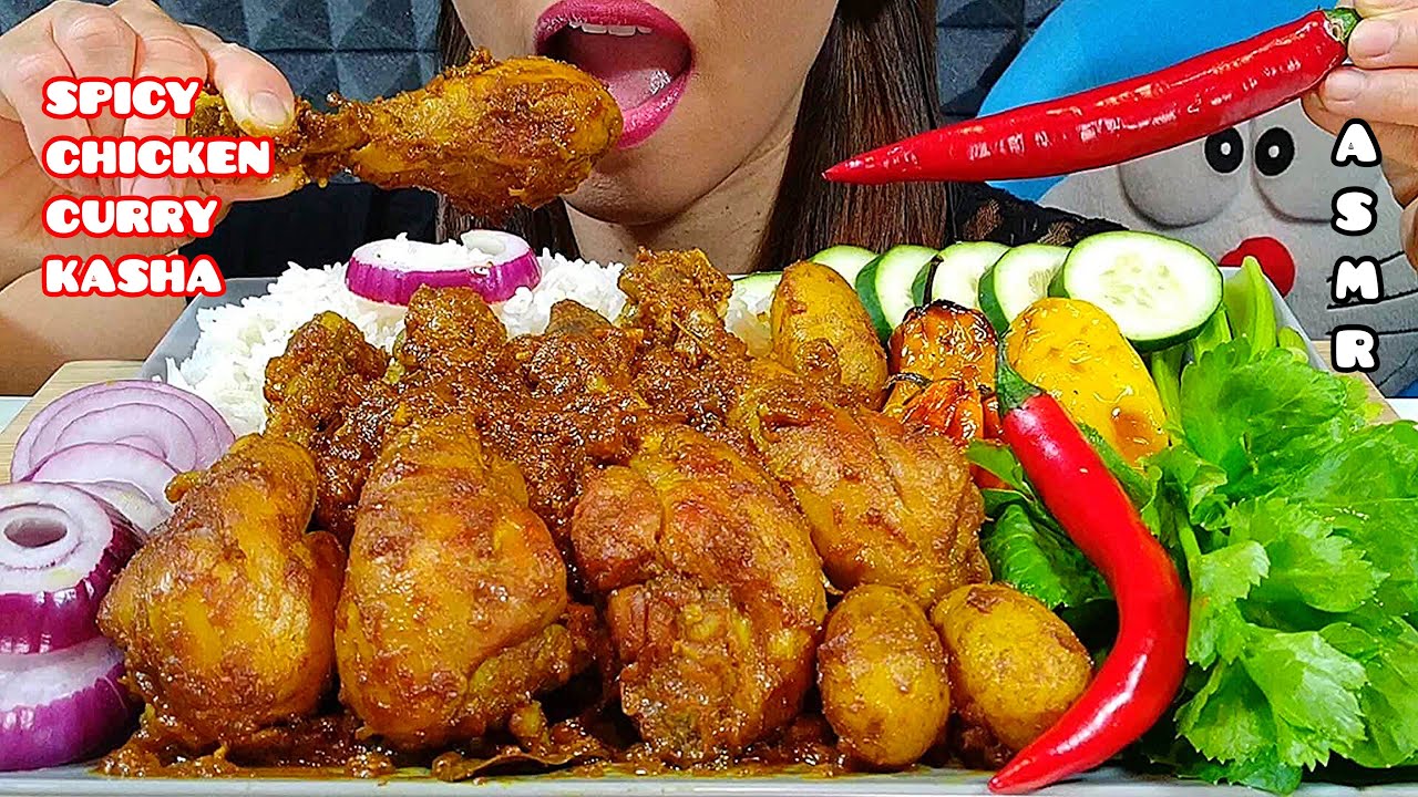 EATING SPICY CHICKEN CURRY KASHA, HOT CHILLI, CELERY, ONION, POTATO, CUCUMBER & RICE ASMR SOUNDS