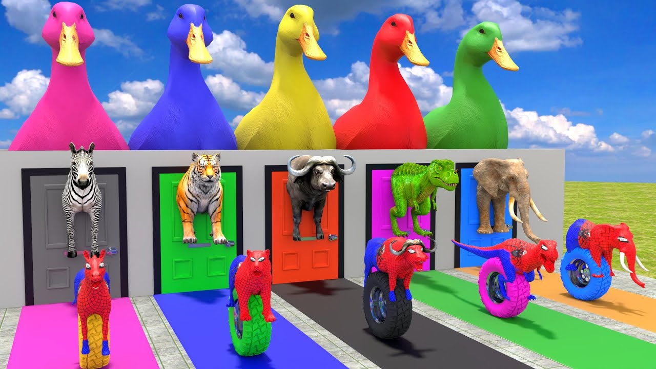 Long Slide Game With Cow Elephant Gorilla Hippopotamus Tiger - 3d Animal Game - Funny 3d Animals