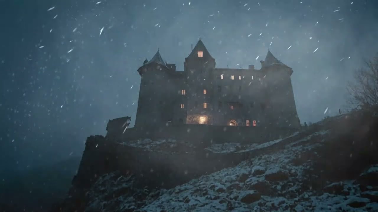 Howling Snowstorm in a Castle on a Rock. Relaxing Winter Night Ambience for Sleep. Blizzard and Wind
