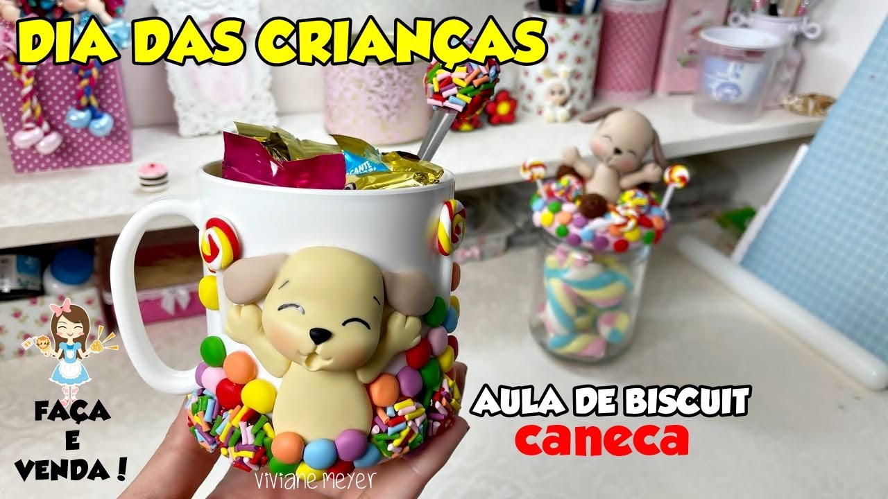 LINDA E FÁCIL: faça e venda CANECA DECORADA COM BISCUIT | Especial aula de biscuit Dia das crianças
