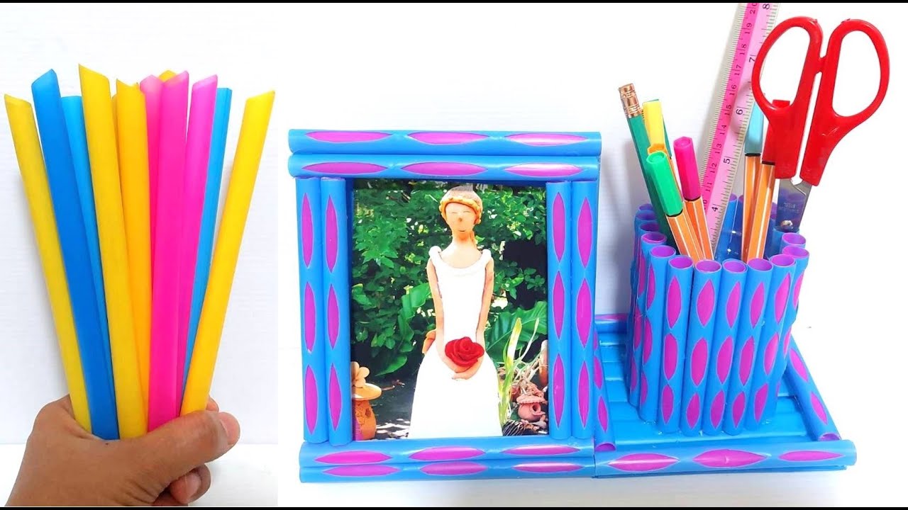 Photo frame and pen holder from straws กรอบรูปและที่ใส่ปากกาจากหลอด by มายมิ้นท์