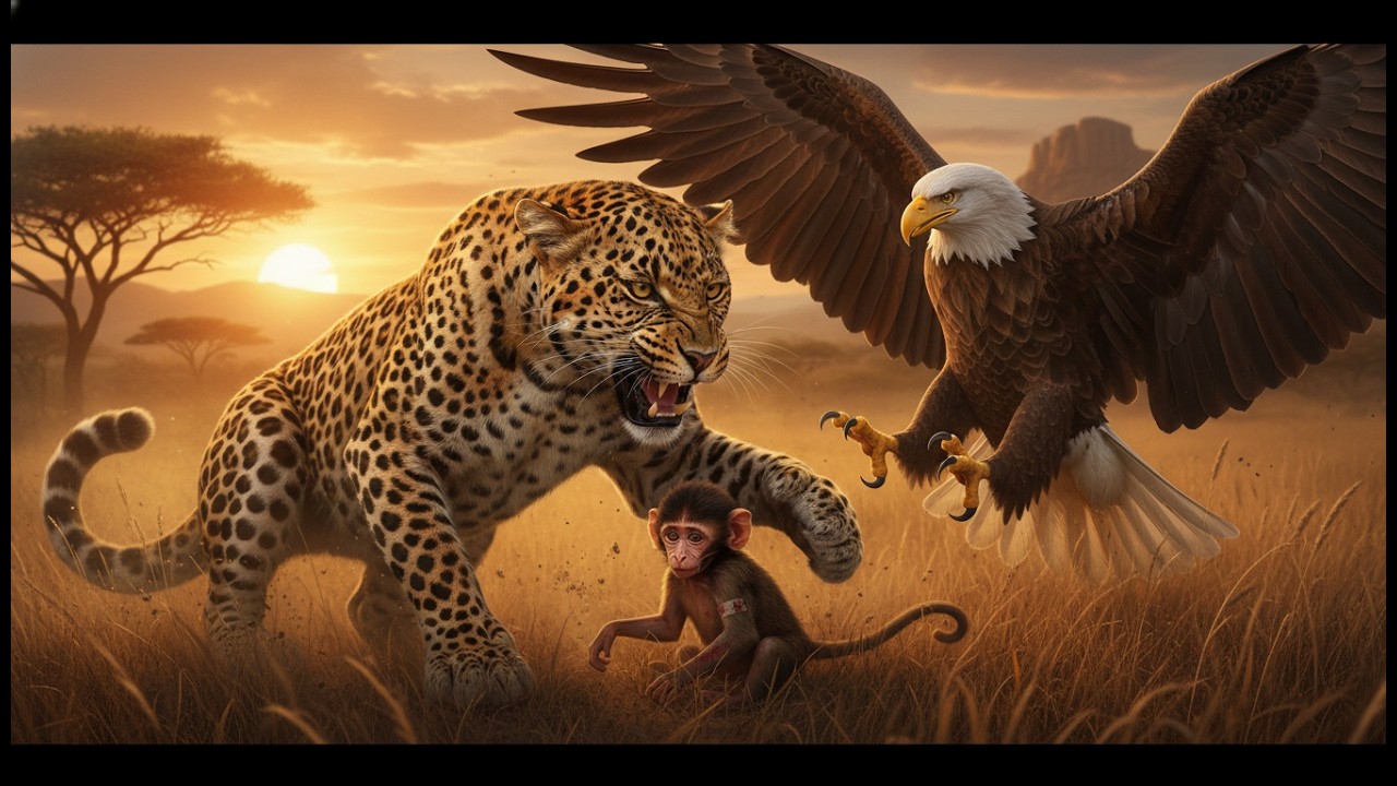 Leopard Saves injured Rhesus Baby From Eagle: Incredible Wild Rescue 🐆🐒🦅