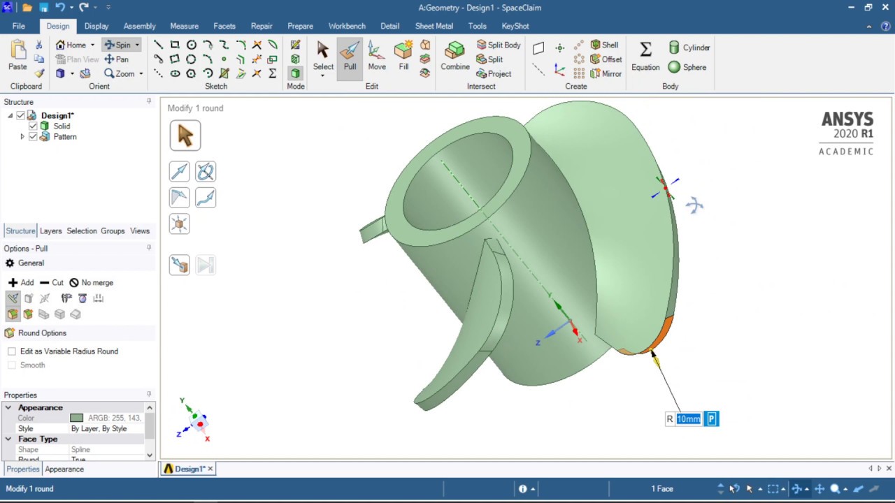 Propela o hélice con curva helicoidal Diseño de geometría CAD en SpaceClaim de Ansys Student