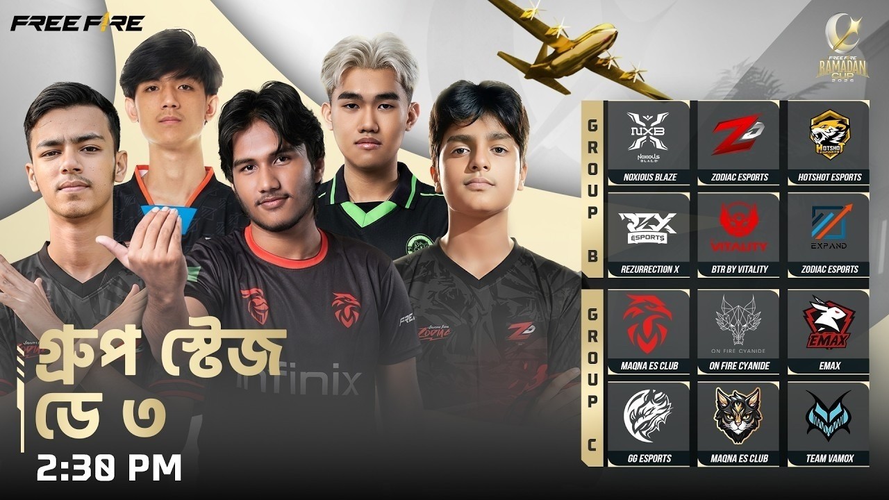 [🔴LIVE] গ্রুপ স্টেজ — ডে ৩ | Free Fire Ramadan Cup 2026 | গ্রুপ B vs C @RedHawksOfficials