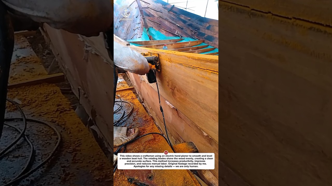 Electric Planer Smoothing Wooden Boat Hull | Traditional Boat Building Process