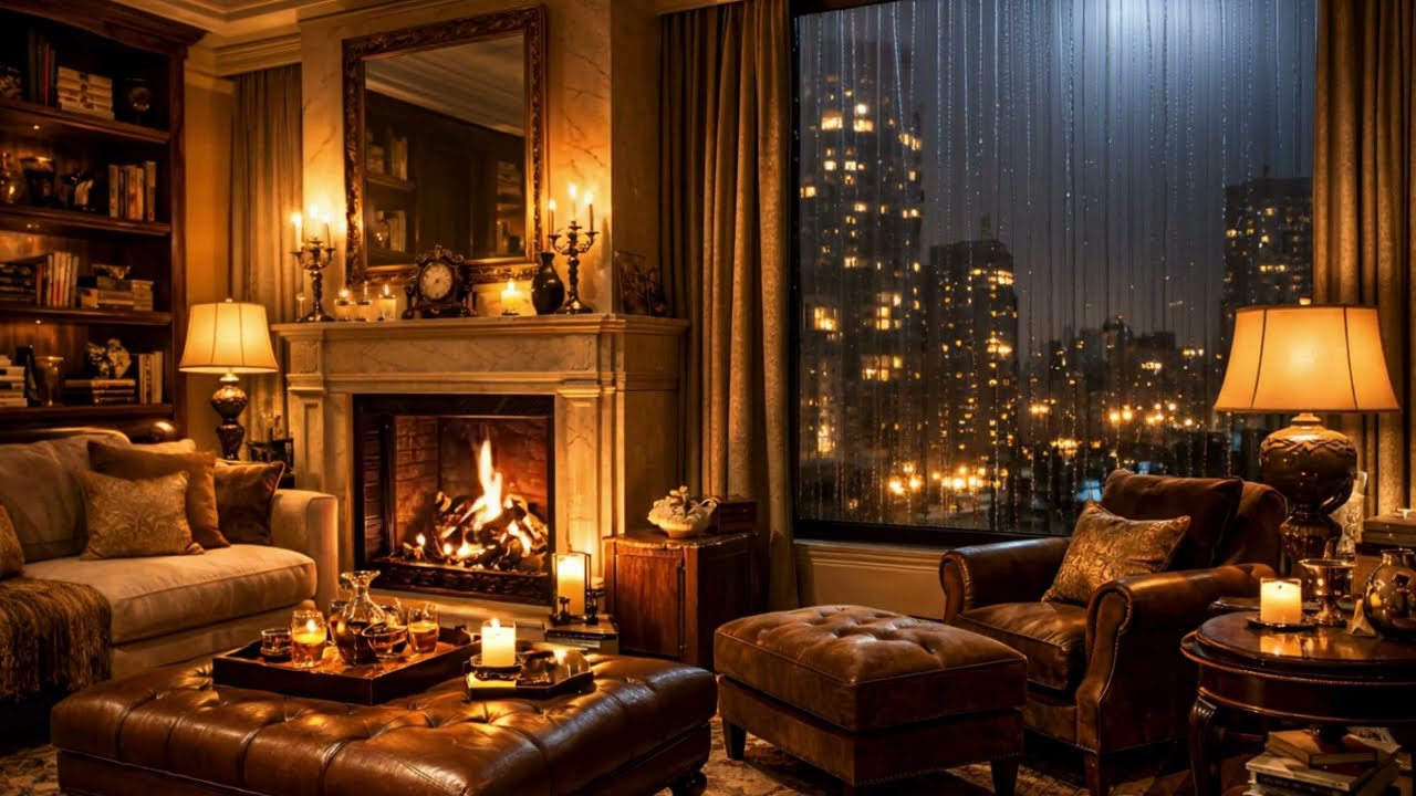 Rainy Nights in the City | Smooth Jazz & Fireplace for Peaceful Sleep