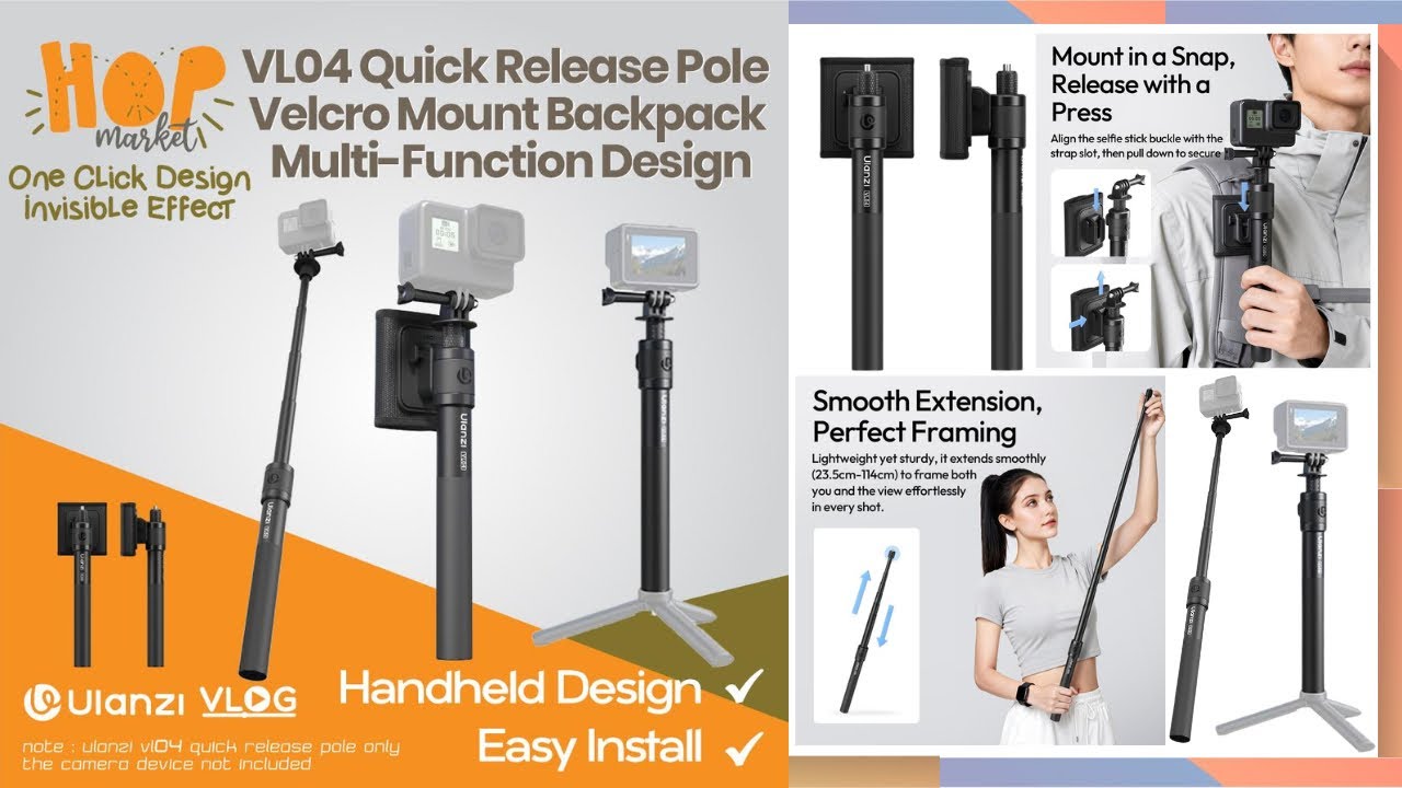 ULANZI VL04 Invisible Selfie Stick w Backpack Clamp for Action Camera GoPro DJI Insta360 Pole 1.1M