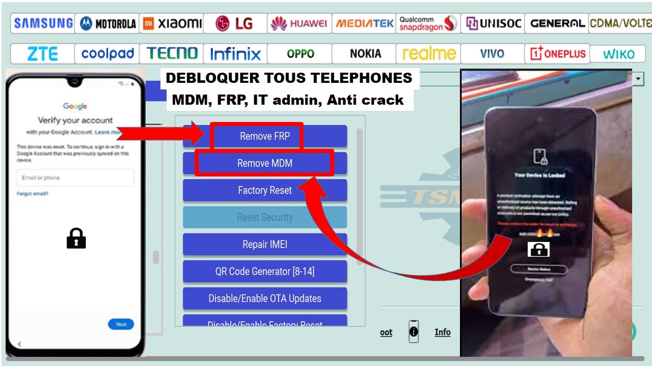 Utiliser TSM TOOL PRO pour débloquer tous les téléphones, MDM, FRP, KG lock, IT admin, anti crack