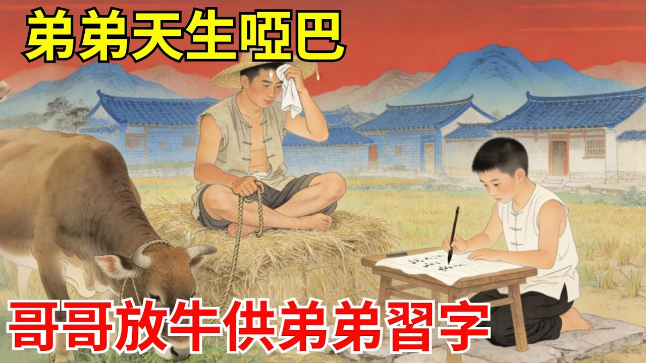 弟弟天生啞巴，哥哥放牛供弟弟習字！街坊笑他傻，豈料街邊老翁是翰林院退仕，當場薦弟入書院，禦賜忠義匾！#故事頻道#聽書#民間故事#說書#善有善報#爽文