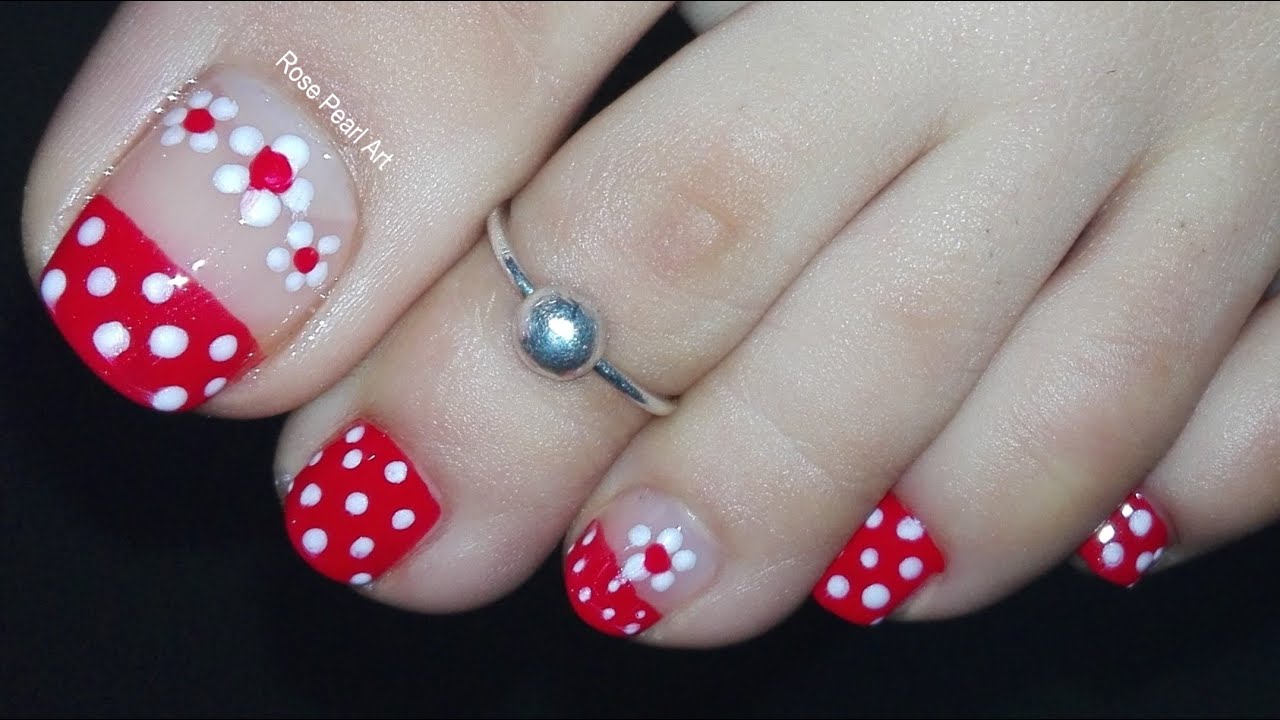 #withme Red Polka Dots-Flowers French Pedicure- How to Do Easy Toe Nail Art for Beginners at Home