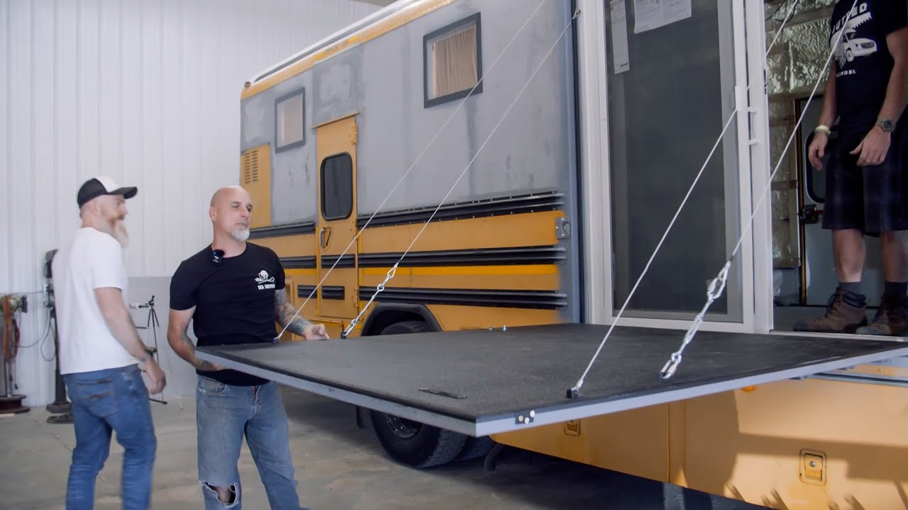 Finished Raised Roof Skoolie Tour - Patio & Commercial Door