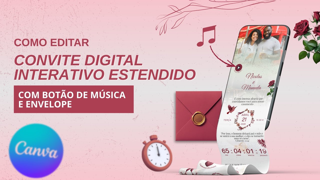 Como editar o convite digital interativo estendido com envelope, música e contagem regressiva