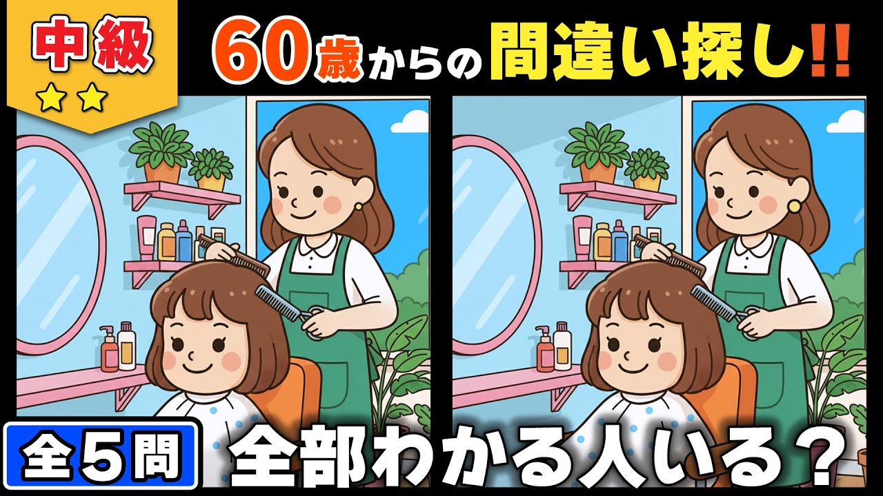 【脳トレ】間違い探し★中級編★全5問｜最後まで集中できたら達成！脳トレ挑戦 #141