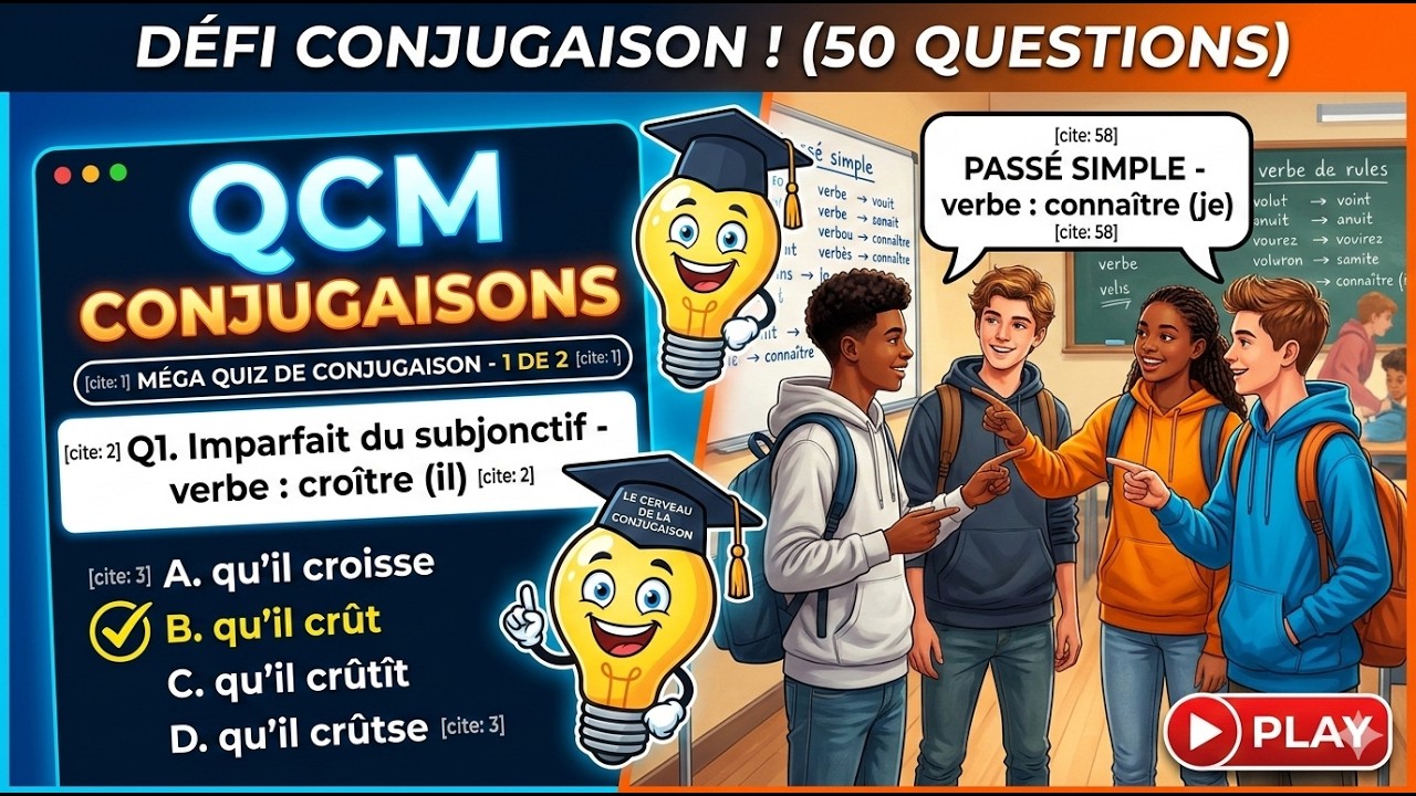 🧠MÉGA QUIZ DE CONJUGAISON – 1 DE 2 (QUESTIONS de 1 à 50) - Difficulté : ★★★