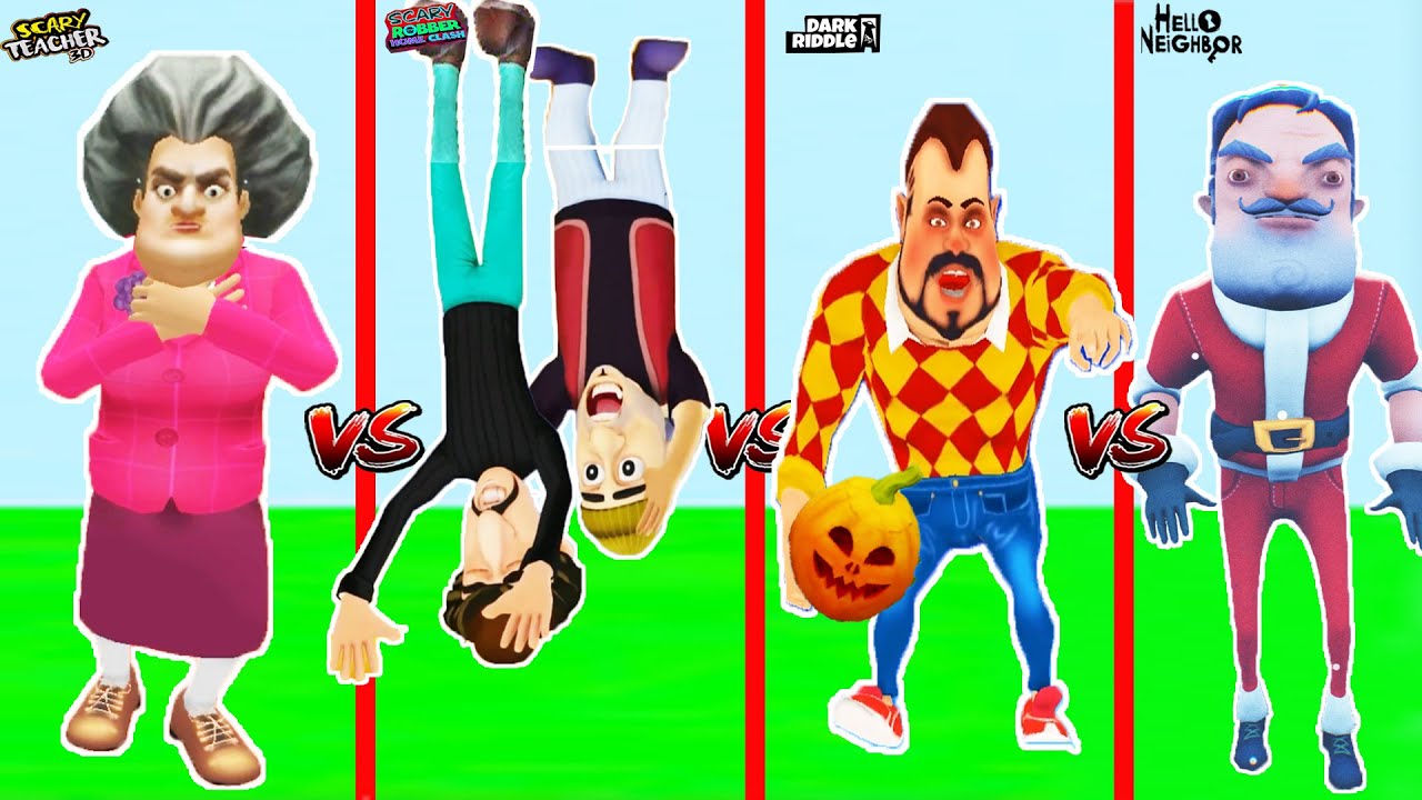 KIŞ KAPIŞMASINDA SÜPER KÖTÜLER 😱 Scary  Teacher VS Dark Riddle VS Scary Robber VS Hello Neighbor
