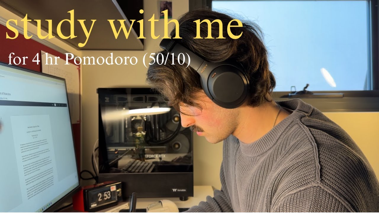 study with me for 4hrs! (50/10 pomodoro, rain sounds/ no music)