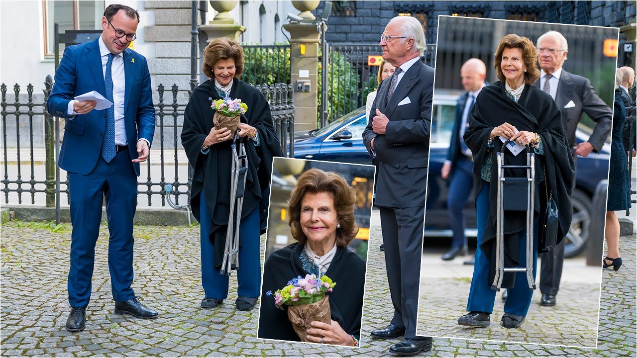 Queen Silvia with crutches at Stockholm Great Synagogue